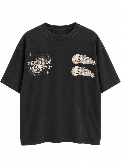 Trouble Graphic Drop Shoulder Boxy Tee – Washed Black