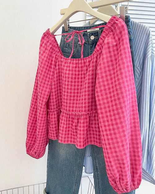 Full Sleeve Tiered Flare Top in Hot Pink