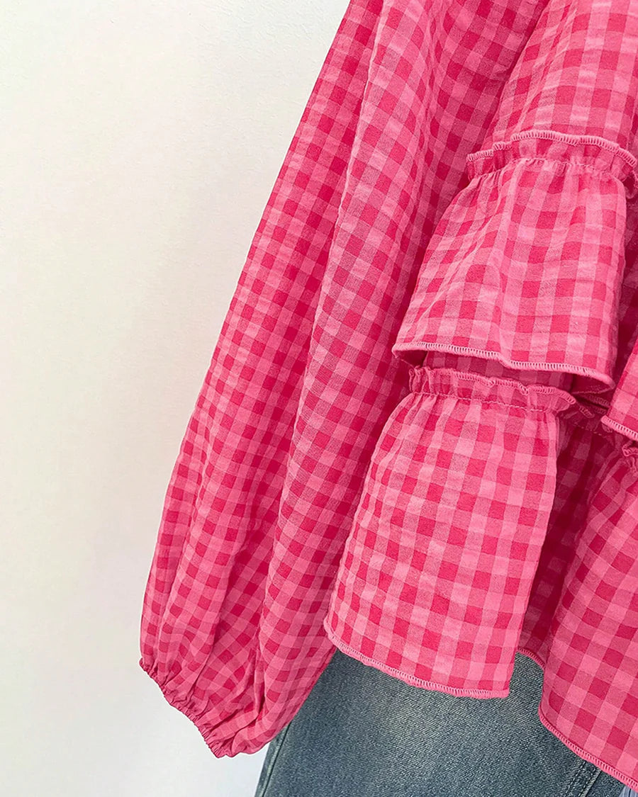 Full Sleeve Tiered Flare Top in Hot Pink