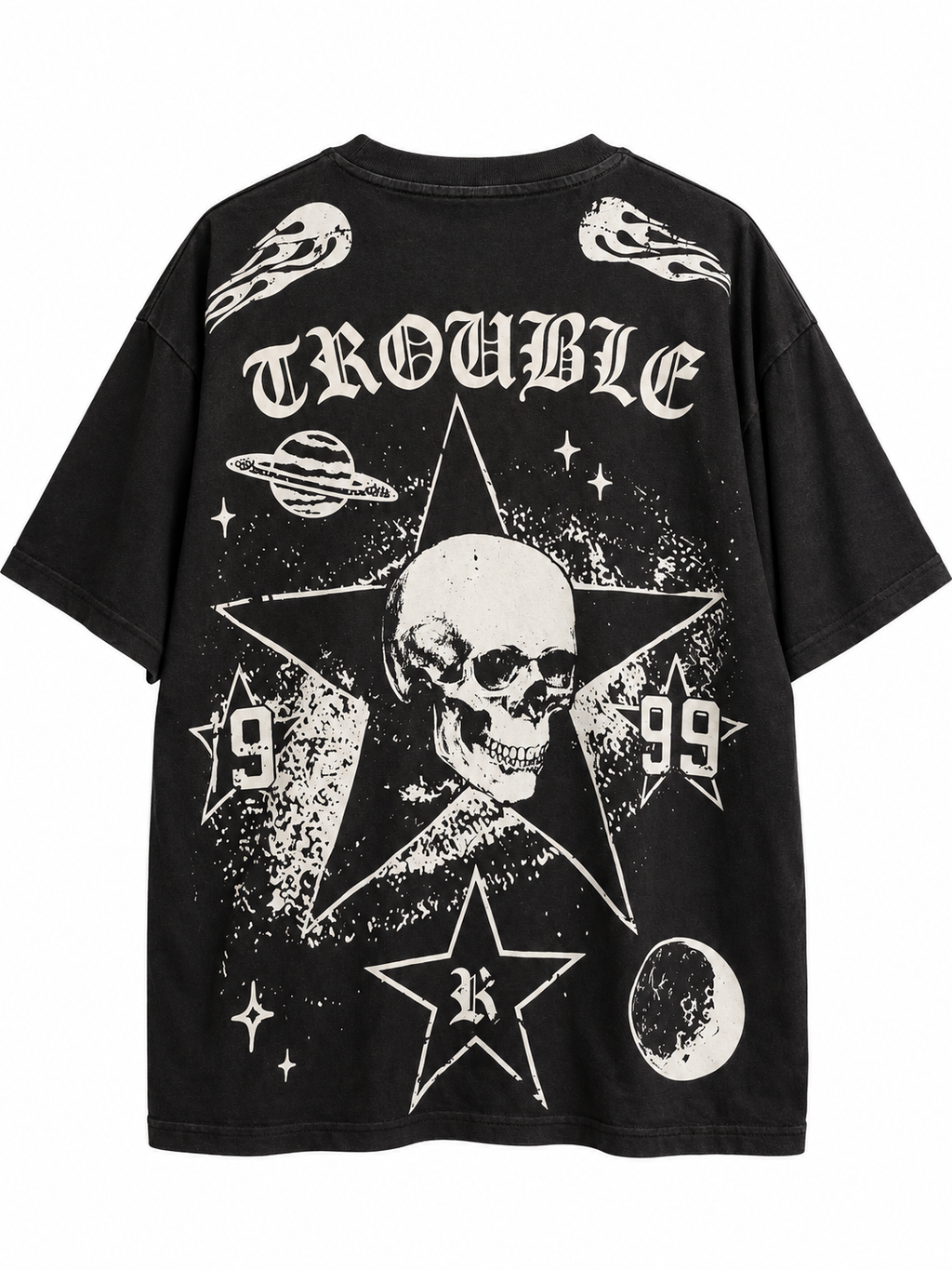 Trouble Graphic Drop Shoulder Boxy Tee – Washed Black